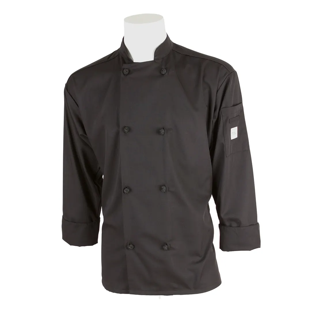 Mercer M60012BKS Chef Jacket, Small Black, Long Sleeve, 65/35 Poly‑Cotton Twill, 8 Buttons, Pocket