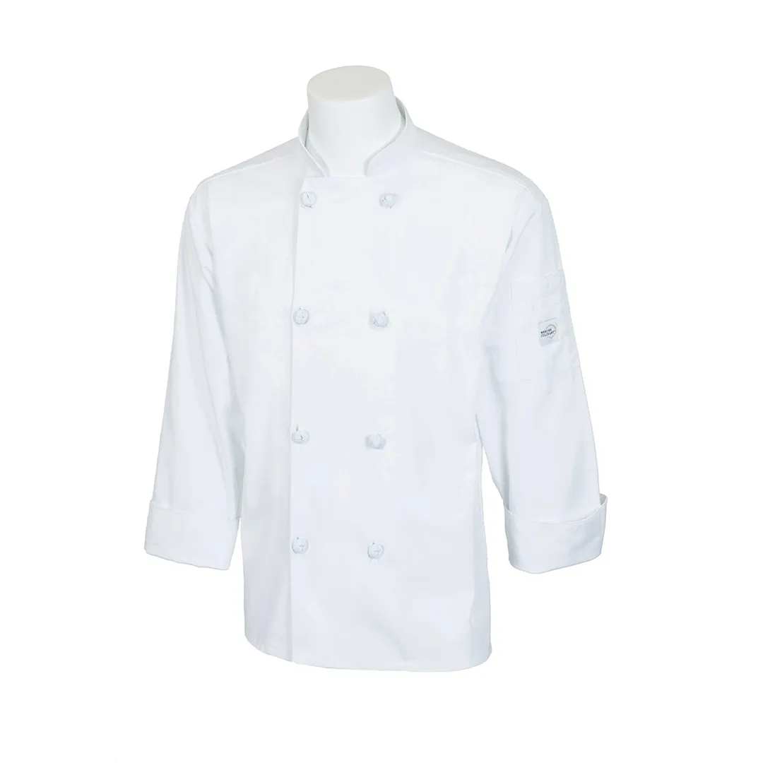 Mercer M60012WHXS Chef Coat, XSmall White, Long Sleeve, 65/35 Poly‑Cotton Twill, 8 Knot Buttons