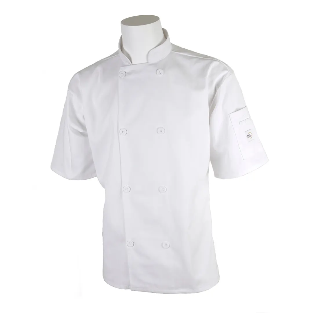 Mercer M60013WH8X Chef Jacket, 8X White, Short Sleeve, Poly/Cotton Twill, 8-Button, Shoulder Pocket