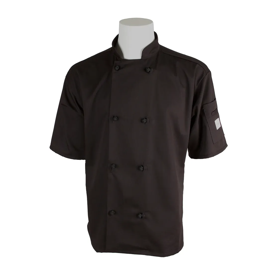 Mercer M60014BKM Chef Jacket, Short Sleeve, Medium, Black Poly/Cotton Twill, Buttons Shoulder Pocket