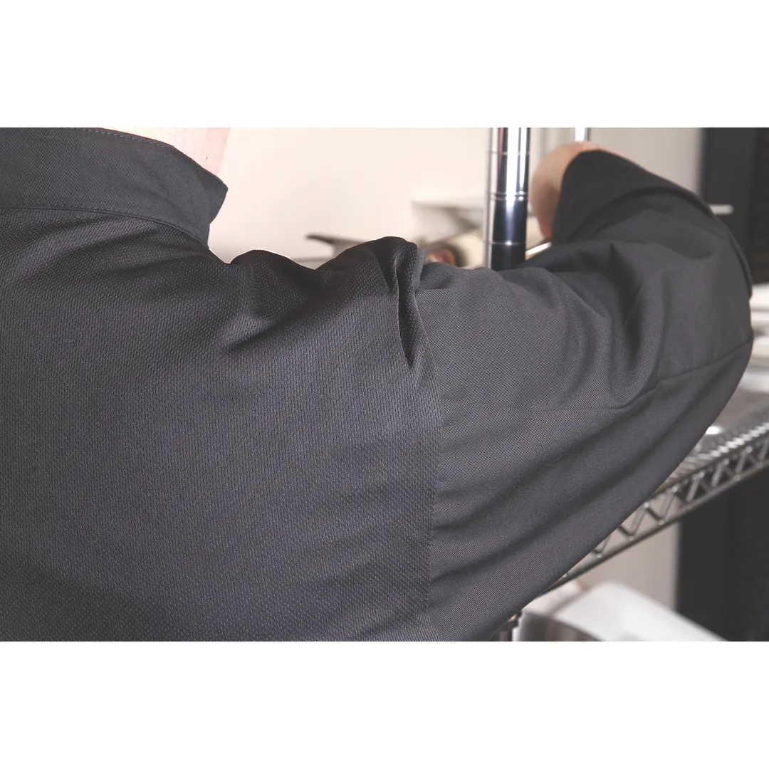 Mercer M60017BK1X Unisex Chef Jacket, XL Black, Long Sleeve, Poly/Cotton, 8-Button Shoulder Pocket