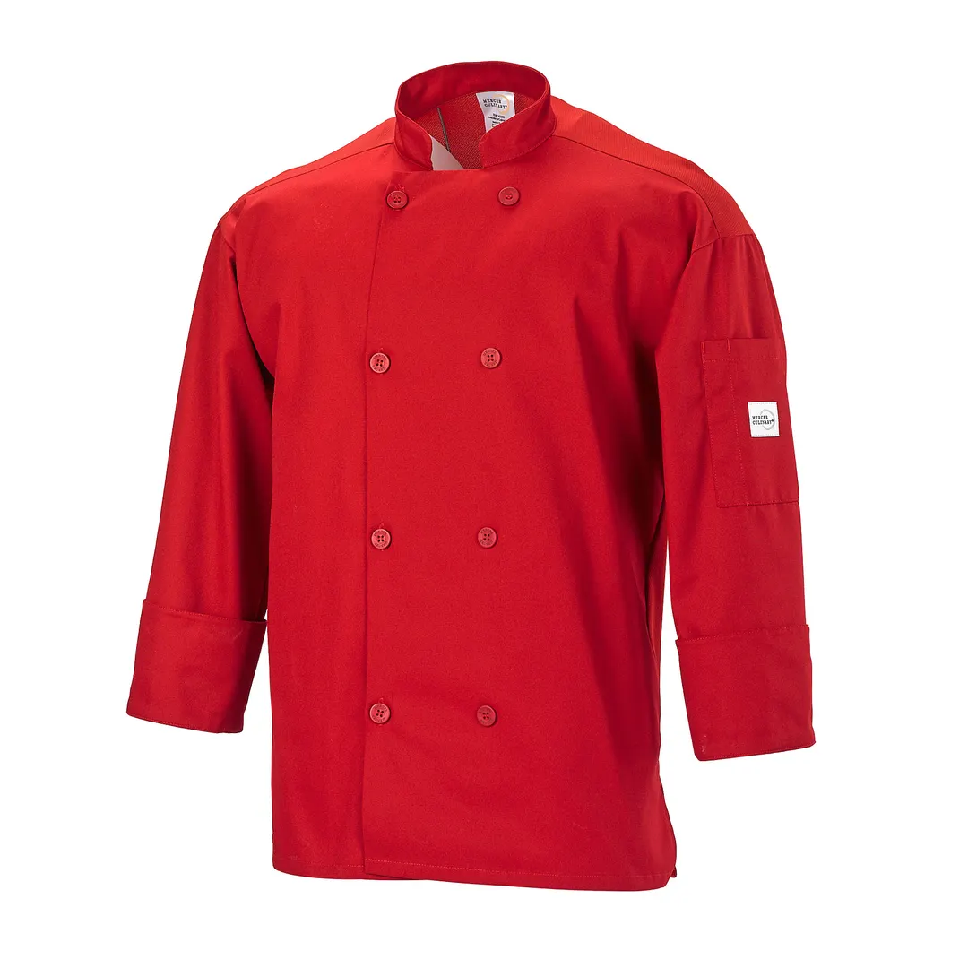 Mercer M60017RDS Chef Jacket, Small Red, Long Sleeve, 65/35 Cotton-Poly Twill, Mesh Back, Pocket