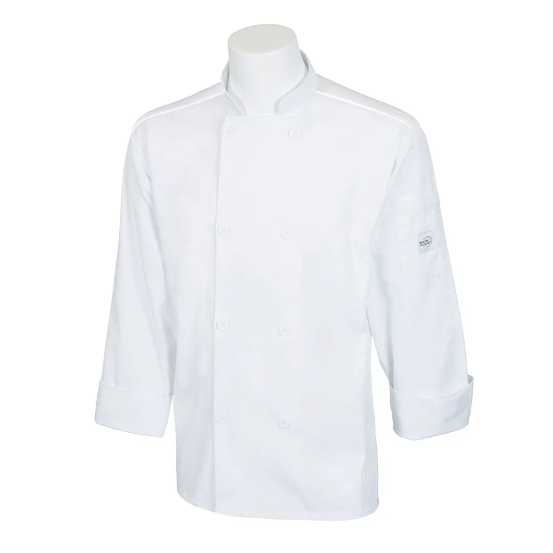 Mercer M60017WHXS Unisex Chef Coat, X-Small White, 65/35 Poly-Cotton Twill, Sleeve, 8-Button Front