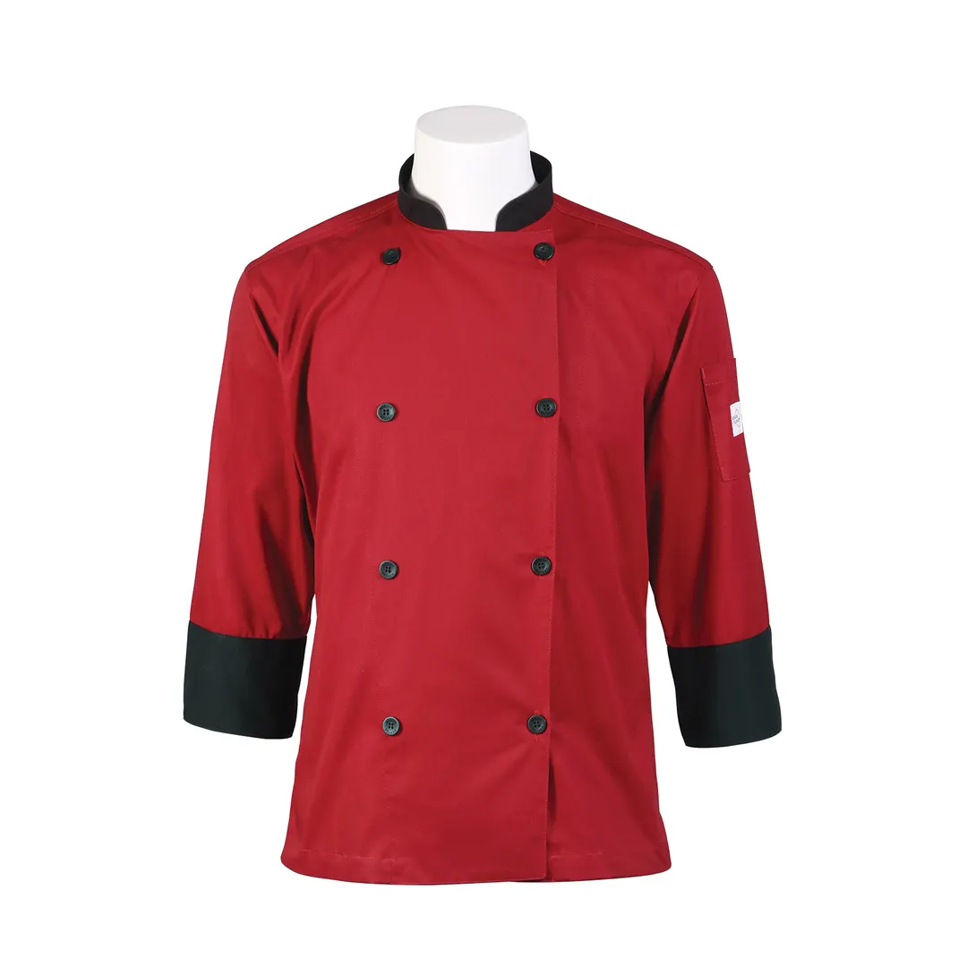 Mercer M60018RDBS Chef Jacket, Small Red/Black, 3/4 Sleeve, 65/35 Poly/Cotton, 8-Button, Pocket