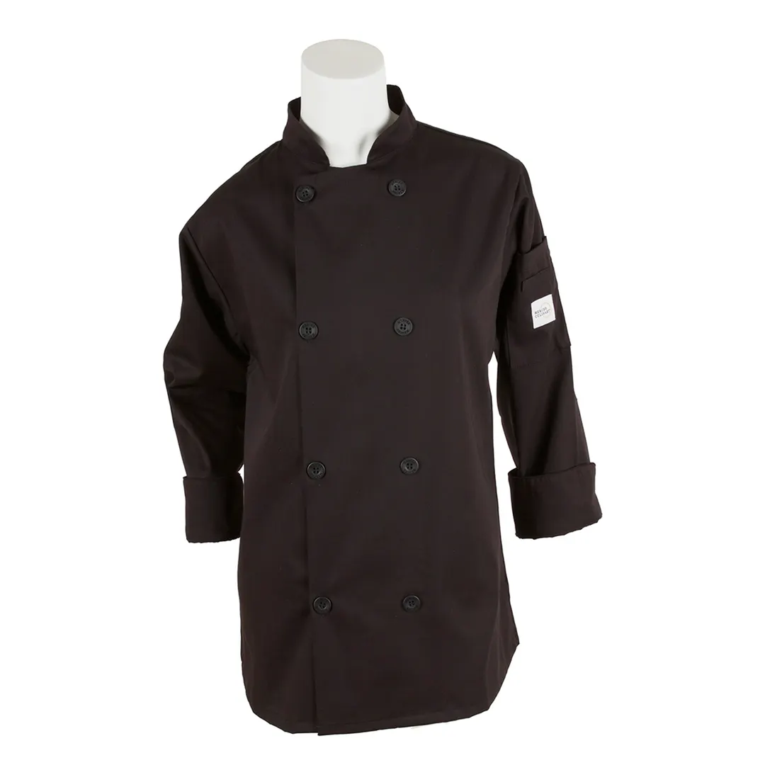 Mercer M60020BK2X Chef Jacket 2XL Black 65/35 Poly/Cotton Twill Sleeve 8-Button Pocket Kick Pleat