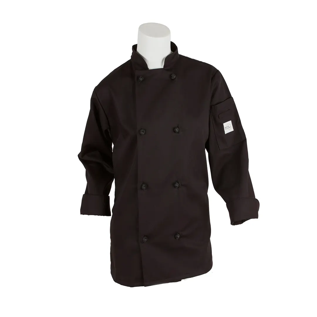 Mercer M60022BKXXS Women's Chef Jacket, XXS Black, Long Sleeve, 65/35 Poly‑Cotton Twill