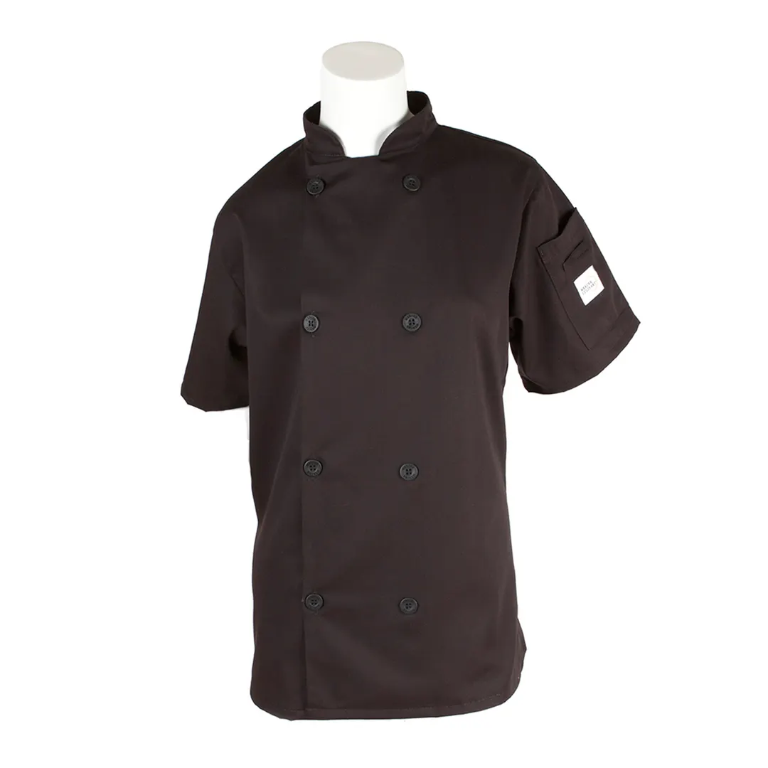Mercer M60023BKL Women's Chef Coat, L Black Short‑Sleeve, 65/35 Poly‑Cotton Twill, Shoulder Pocket