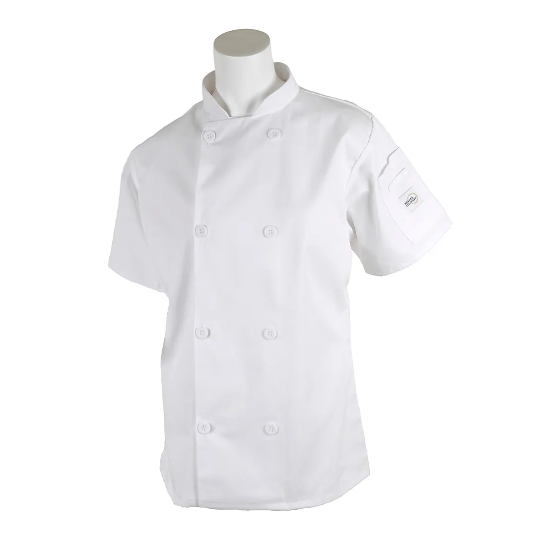 Mercer M60023WHXS Women's Chef Jacket, X-Small White Short Sleeve Cotton Twill, 8-Button, 28" Length
