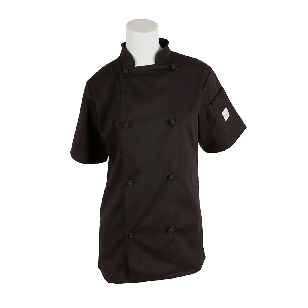 Mercer M60024BKXXS Women's Chef Jacket, Short Sleeve, Black, XXS, 65/35 Poly‑Cotton Twill