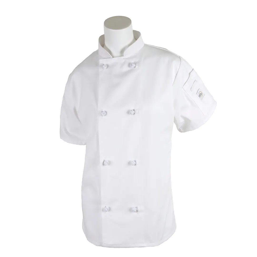 Mercer M60024WHS - Women’s Chef Jacket, Small White, Short‑Sleeve, 65/35 Poly‑Cotton Twill, 8 Buttons