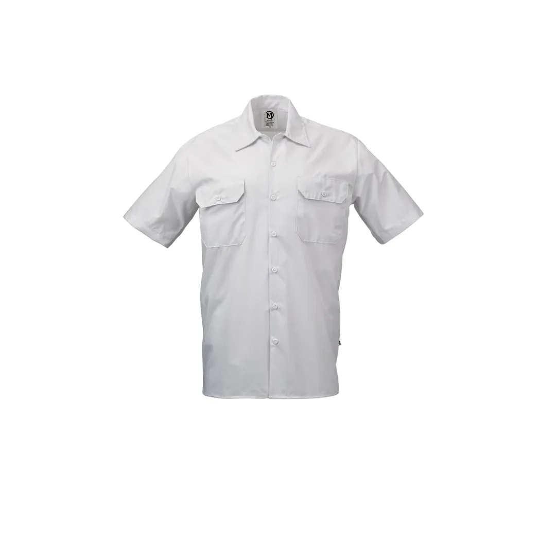 Mercer M60250WHS Cook Shirt Unisex 32‑34" White Short‑Sleeve 65/35 Poly/Cotton Poplin Button Front