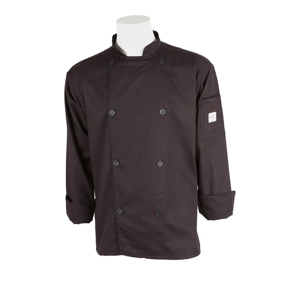 Mercer M61010BK3X Unisex Chef Jacket, 3XL Black, LongSleeve, 65/35 Poly/Cotton, 8 Buttons, 30"