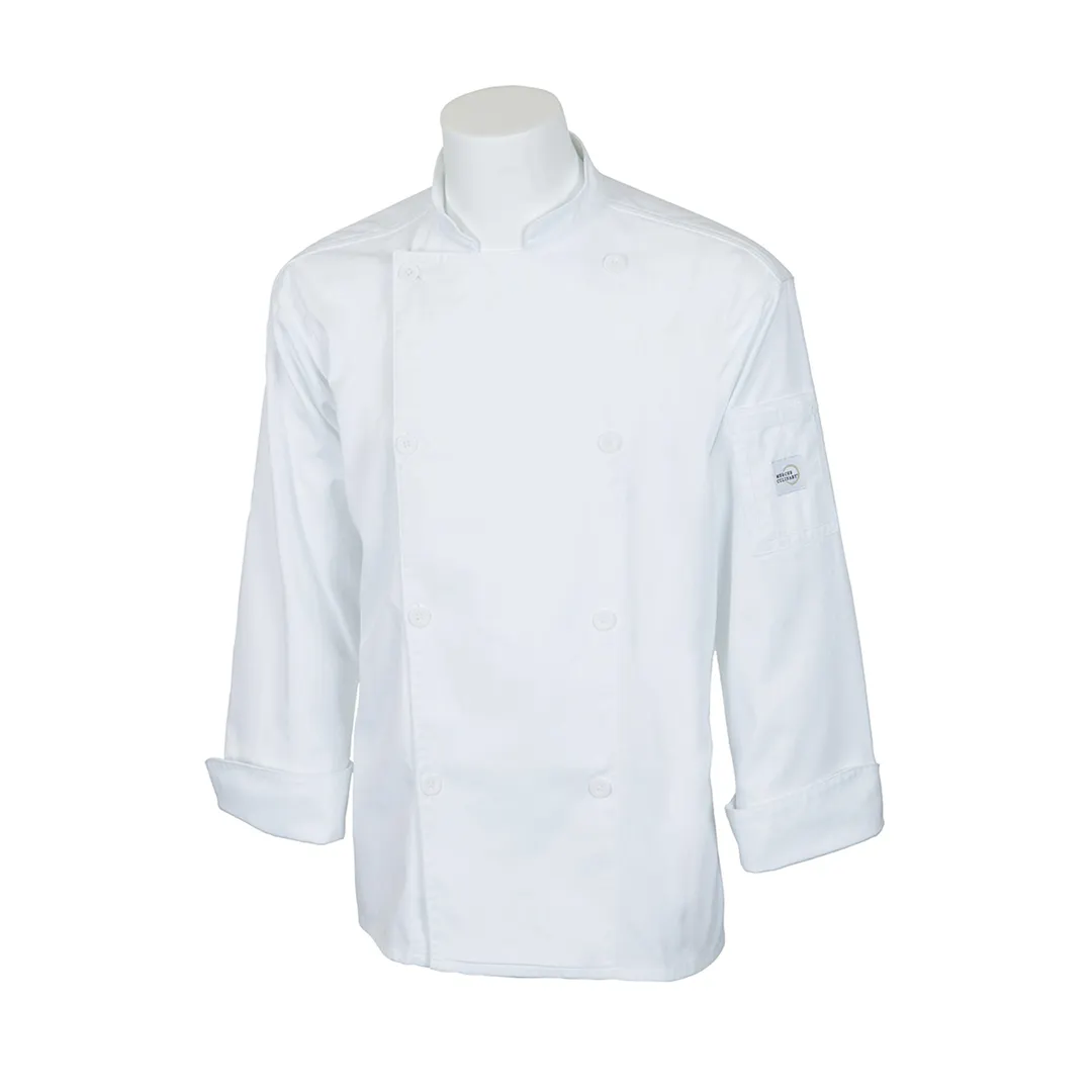 Mercer M61010WHXS Genesis Unisex Chef Jacket, X‑Small White, Poly/Cotton, 8‑Button, Pocket