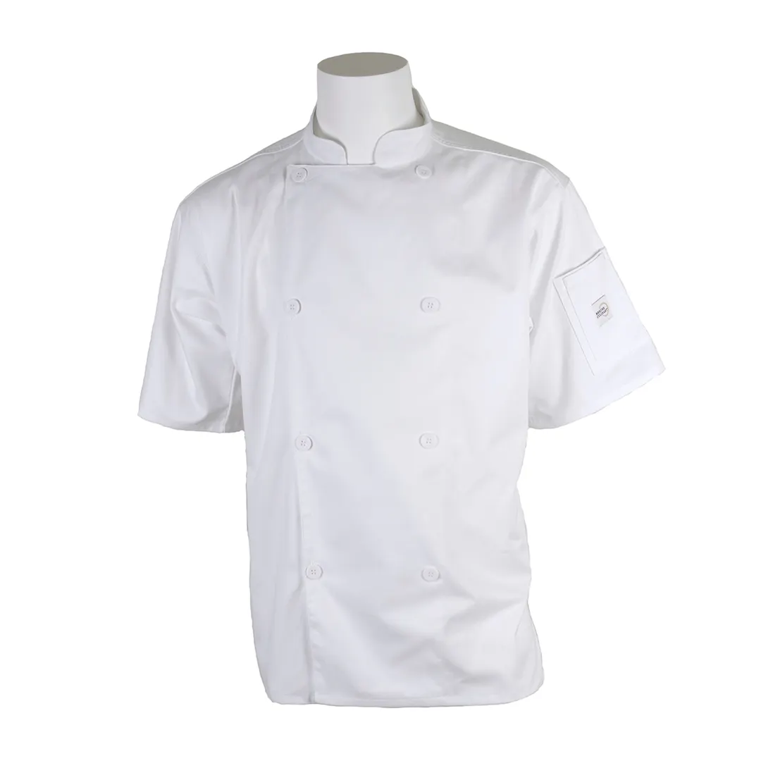 Mercer M61012WHM Unisex Chef Jacket, Short Sleeve, Medium, White Poly/Cotton Twill, 8-Button Front