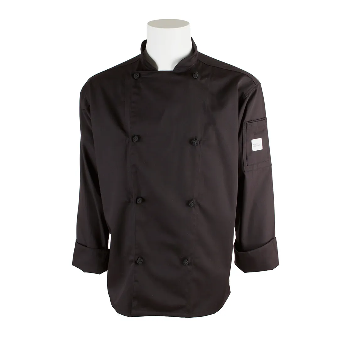Mercer M61020BK3X Chef Jacket, 3X Black Unisex Long Sleeve, 65/35 Poly‑Cotton, Cloth Knot Buttons
