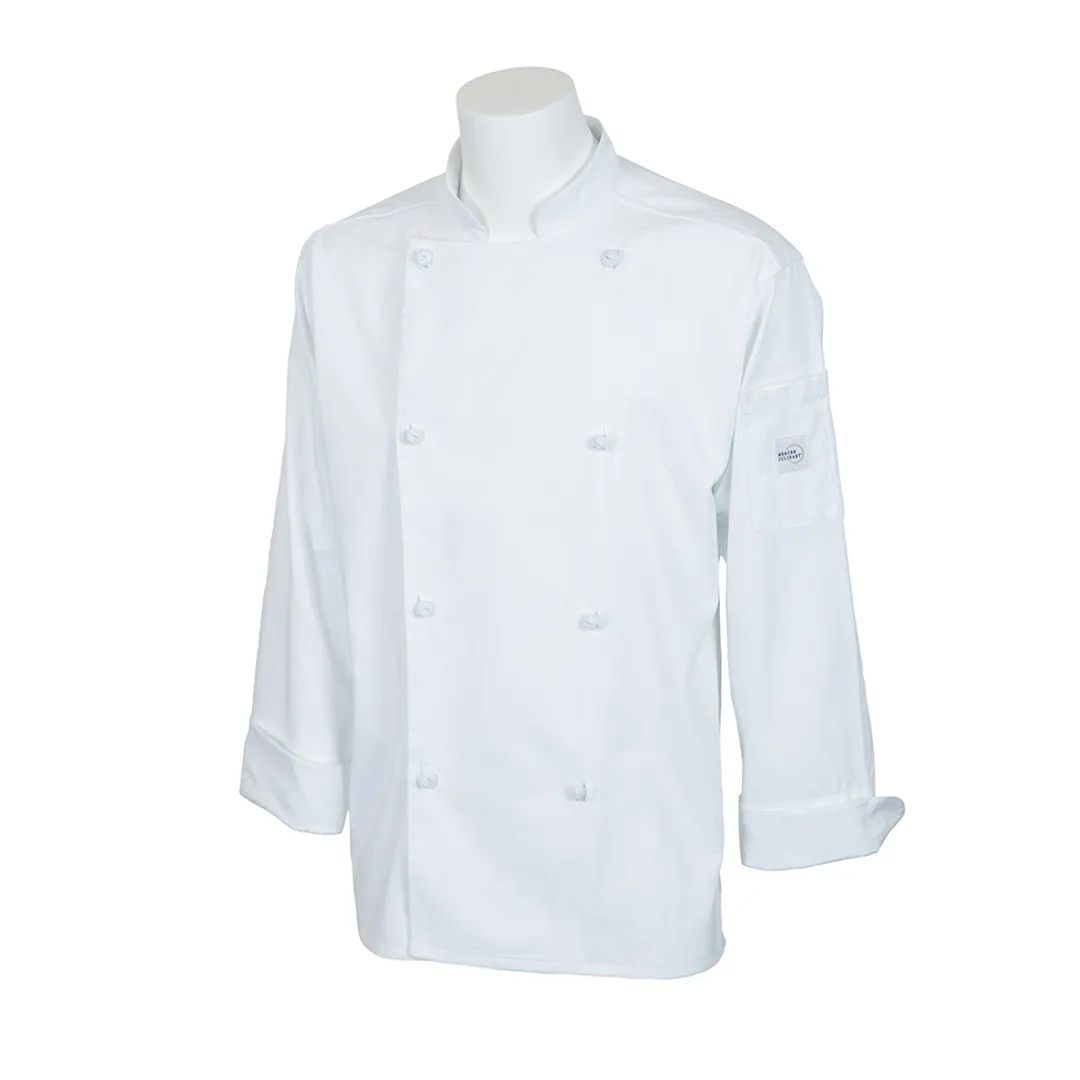 Mercer M61020WHXS Chef Jacket, XSmall White, Sleeve, 65/35 Poly/Cotton, 8‑Button Knot, Side Slits