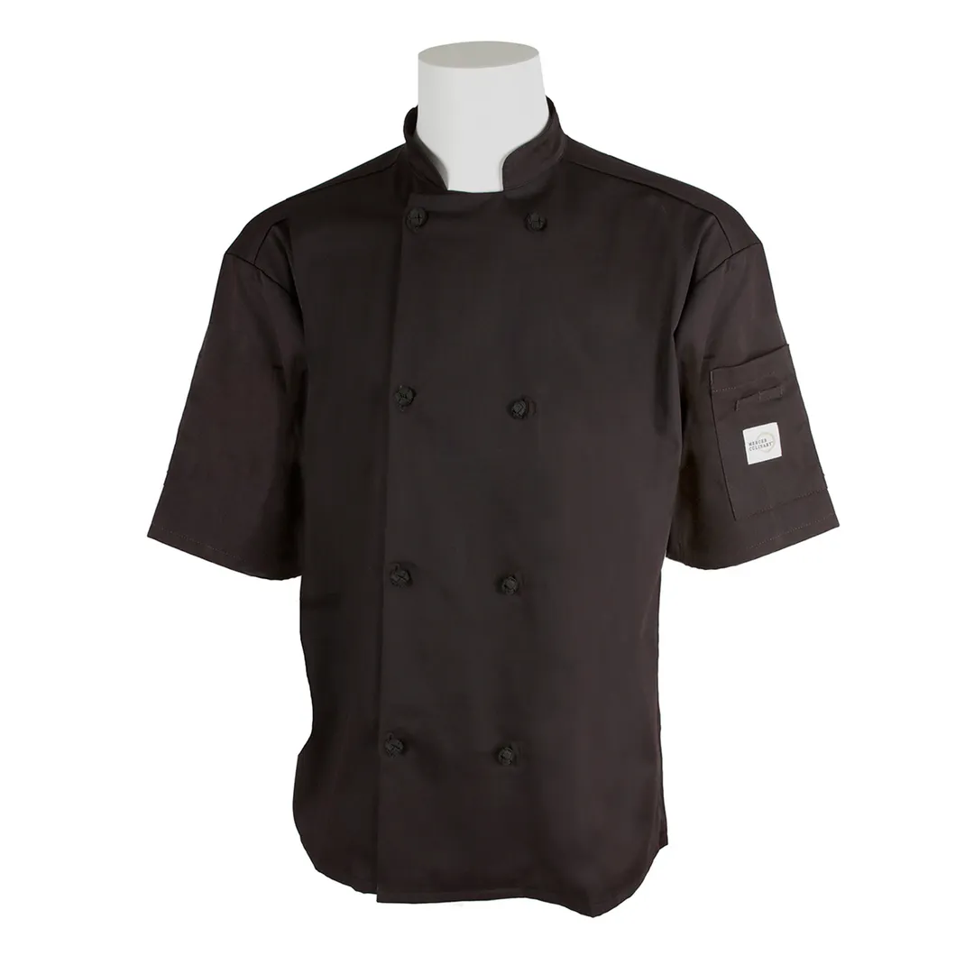 Mercer M61022BKM Unisex Chef Jacket, Medium Black, Short Sleeve, 65/35 Poly‑Cotton Twill Buttons 30"