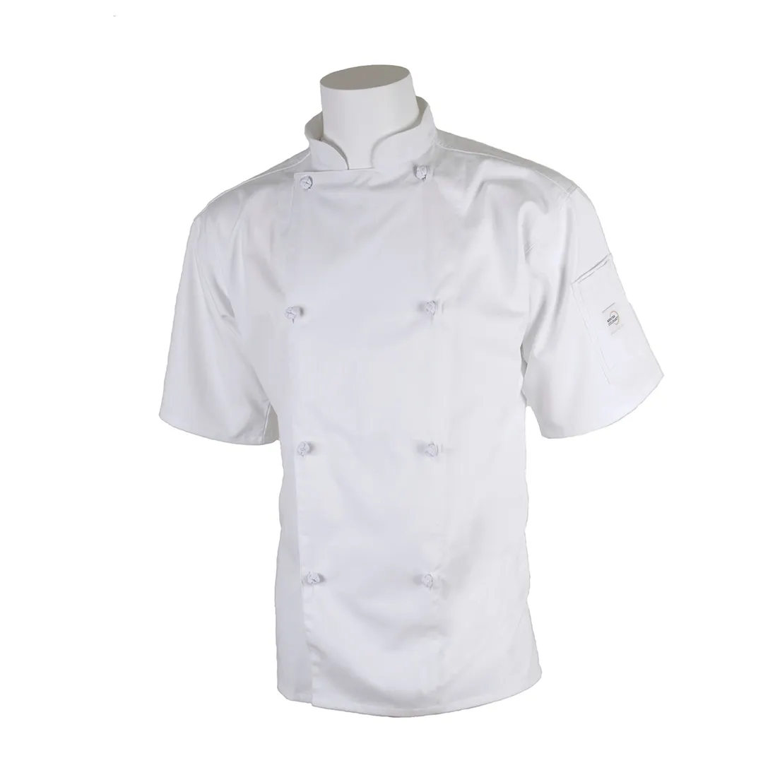 Mercer M61022WHM - Unisex Short Sleeve Chef Jacket, Medium White, Poly/Cotton Twill, 8 Buttons