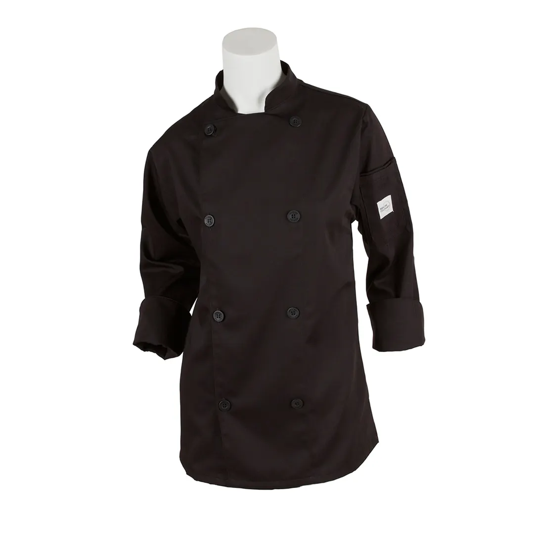 Mercer M61030BKM Women’s Chef Jacket, Medium Black, 65/35 Poly/Cotton, 8‑Button, Pocket, Kick Pleat