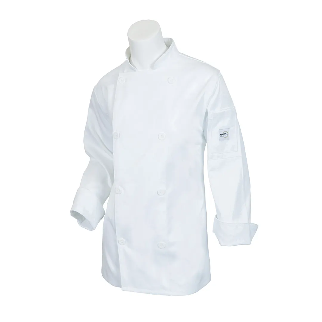 Mercer M61030WHM Womens Chef Jacket, M White, Long Sleeve, Poly/Cotton, 8 Buttons, Shoulder Pocket