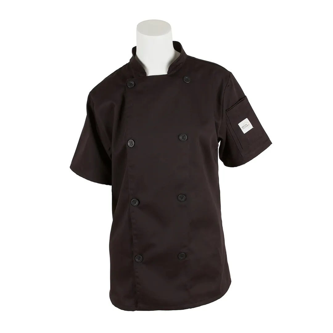 Mercer M61032BKXXS - Womens Chef Jacket, Sleeve, XXS Black 65/35 PolyCotton, 8" Buttons, Pocket