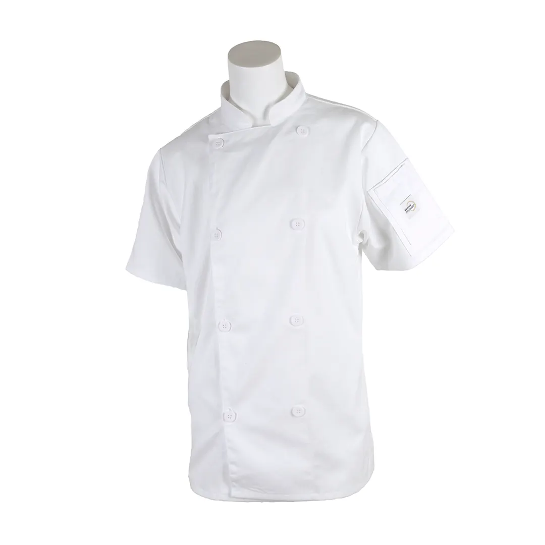 Mercer M61032WHXXS Women's Chef Jacket, XXS Short‑Sleeve, Twill, White, 8" Buttons, Shoulder Pocket