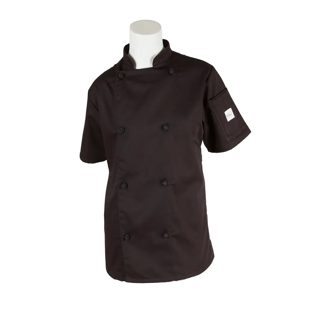 Mercer M61042BKXXS Women's Chef Jacket, Short Sleeve, Black XXS, Poly/Cotton Twill, Buttons, Pocket