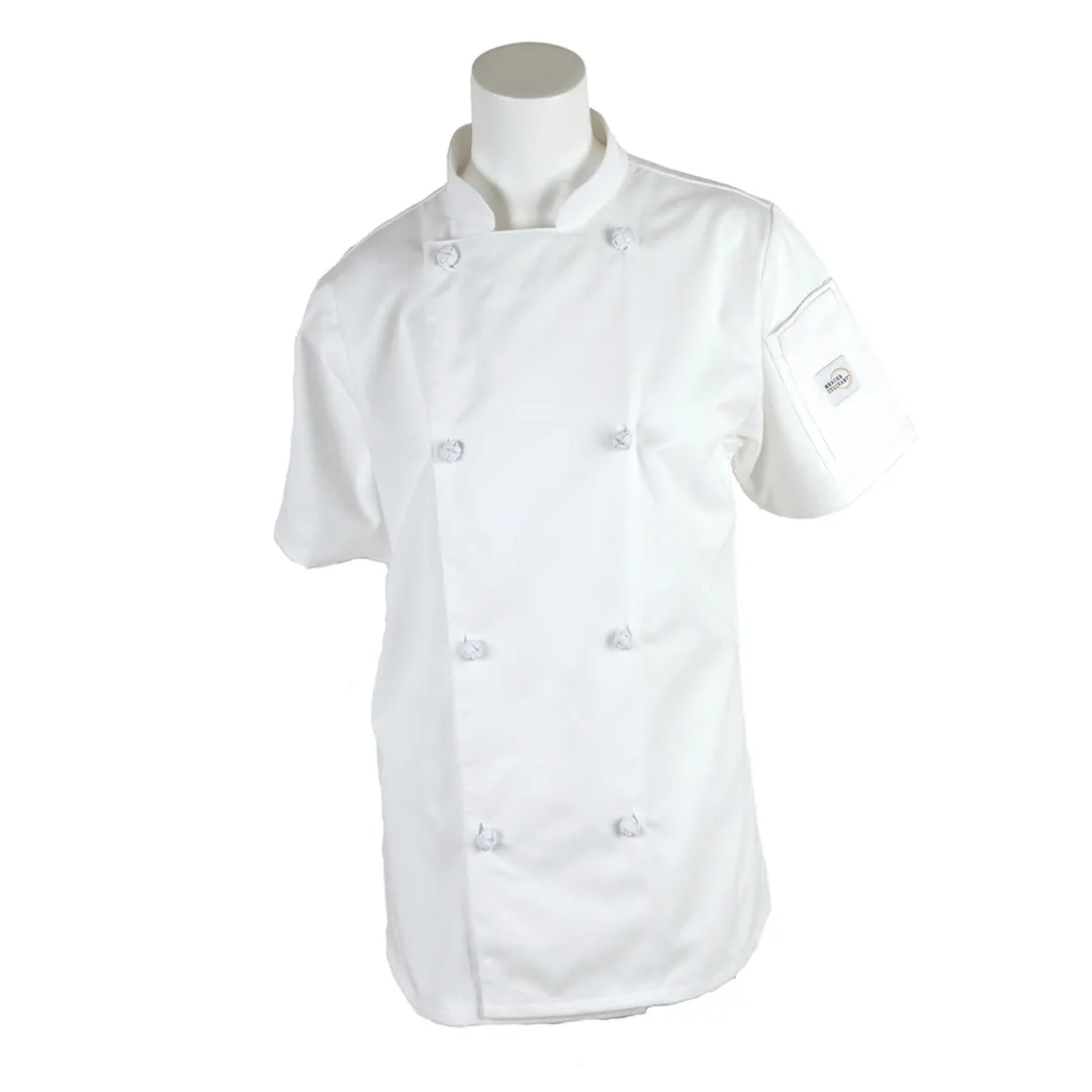 Mercer M61042WHXXS Women Chef Jacket, XXS Short‑Sleeve, White Poly‑Cotton Twill, 8 Knot Buttons