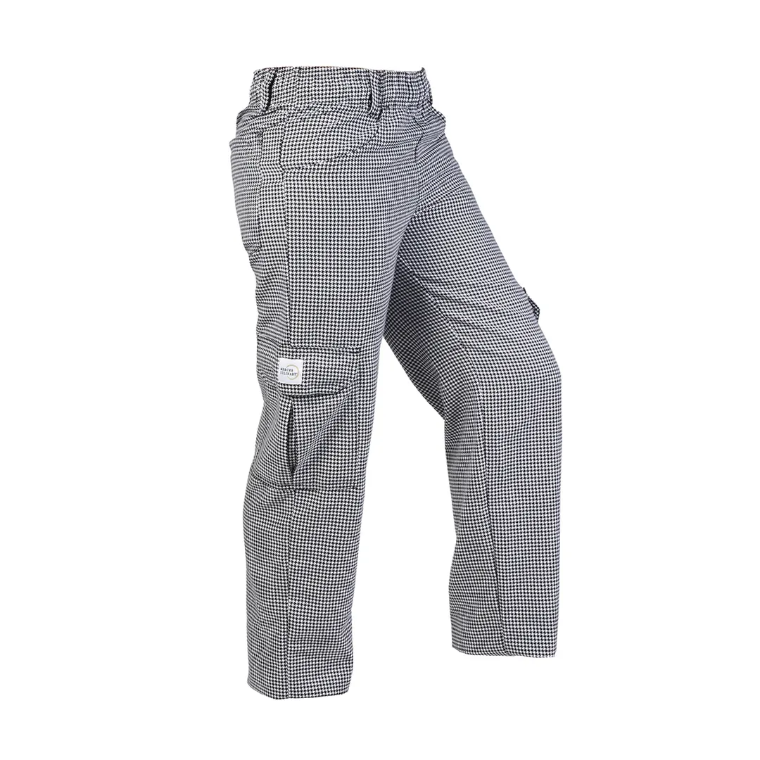Mercer M61071HTL Cargo Chef Pants, Size L, Black/White Houndstooth PolyCotton, 6 Velcro Leg Pockets