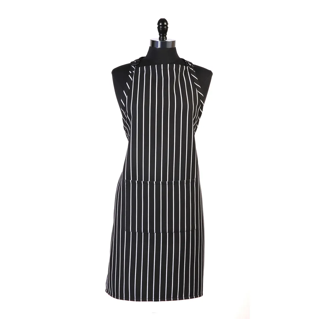 Mercer M61110BCS Genesis Bib Apron, 33" x 23", black chalk stripe, 65/35 poly‑cotton twill, strap, 1 front pocket