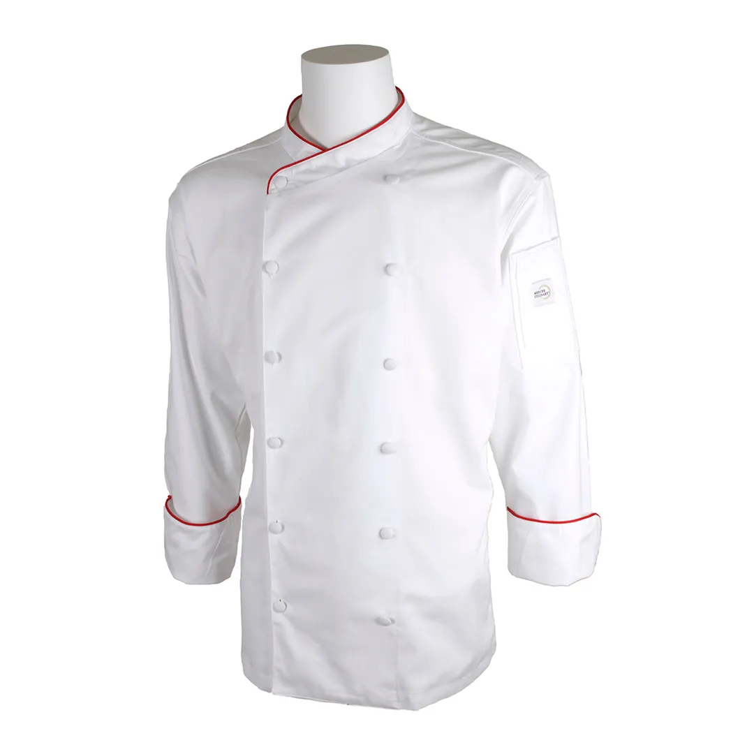 Mercer M62015WRXS Chef Coat – XS White Men Long Sleeve Poly/Cotton, Piping, 12 Btns, Earbud Opening