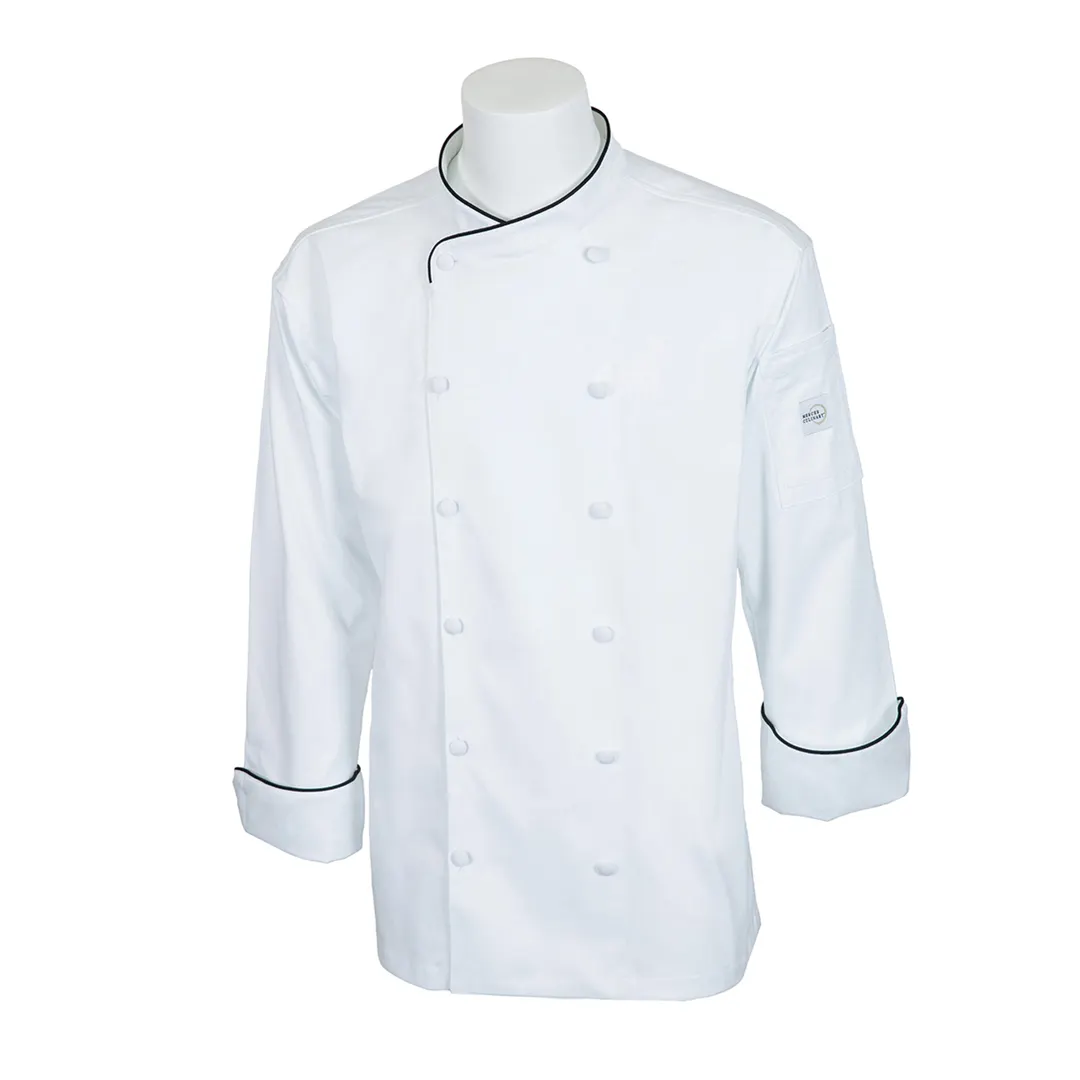 Mercer M62020WBS Chef Coat – Small White Long‑Sleeve Jacket, 65/35 Poly/Cotton Twill, 12 Buttons