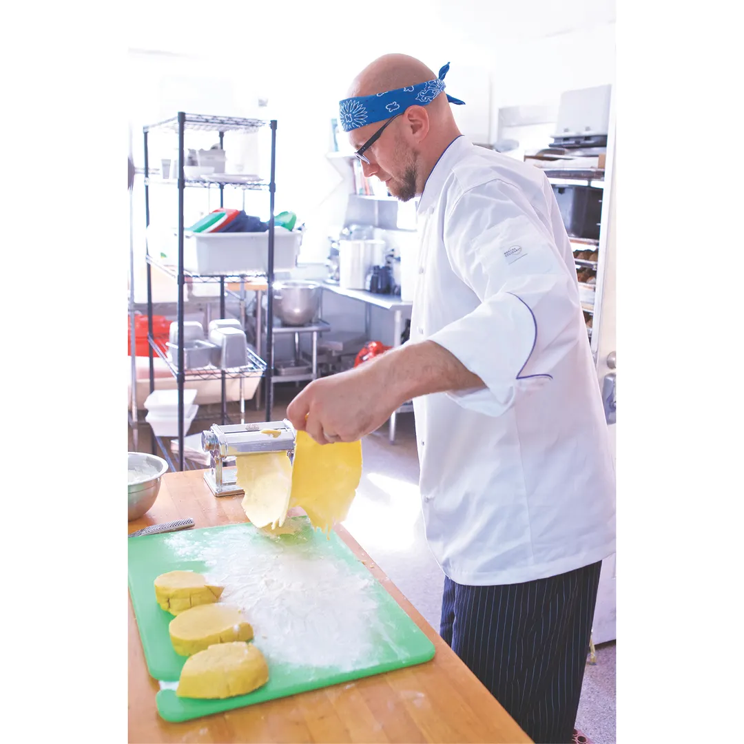 Mercer M62020WRB3X Chef Coat, 3X White Poly/Cotton, Scoop Neck, Royal Blue Piping