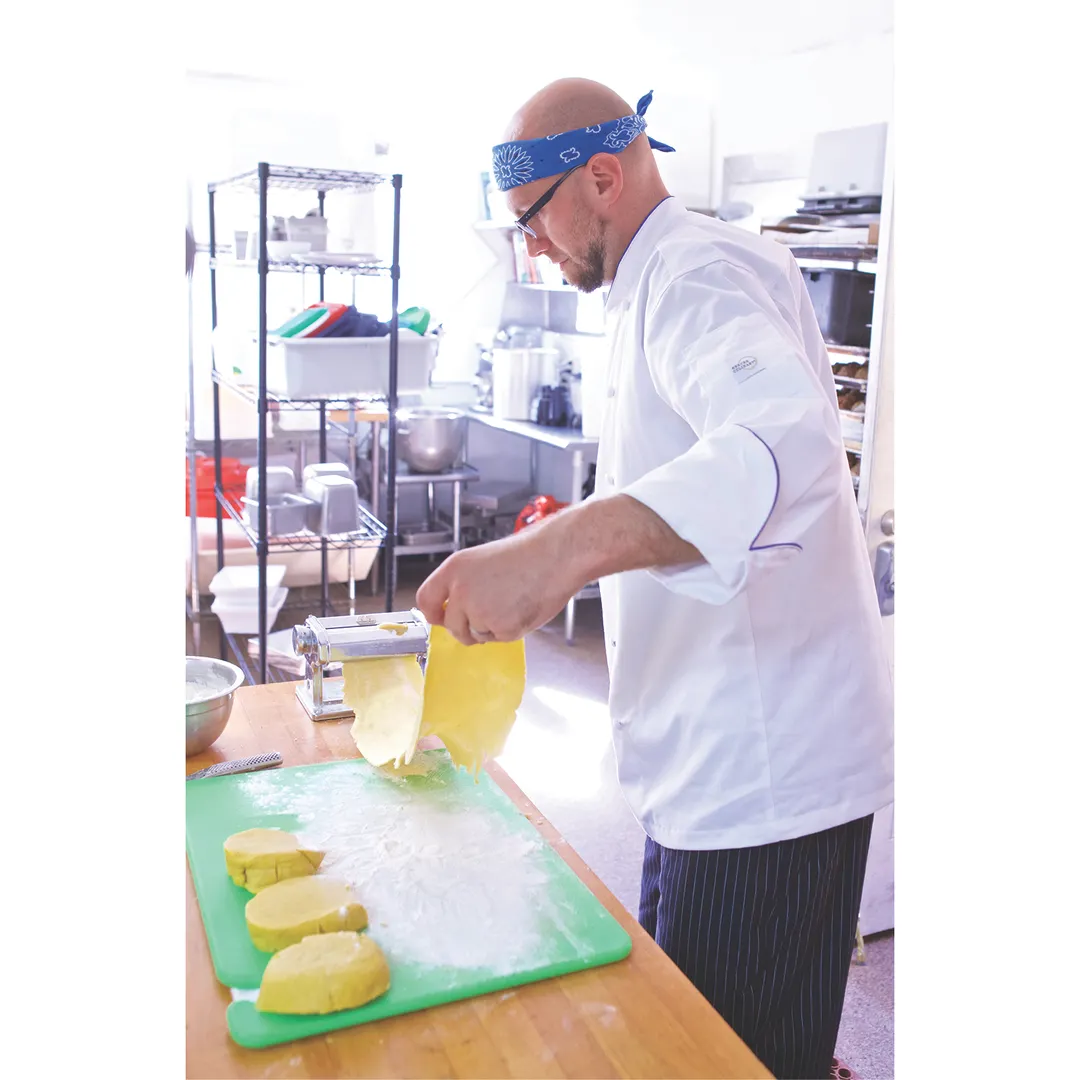 Mercer M62020WRBS Chef Coat – White Unisex Small Long‑Sleeve Jacket, 65/35 Poly/Cotton Twill, Piping