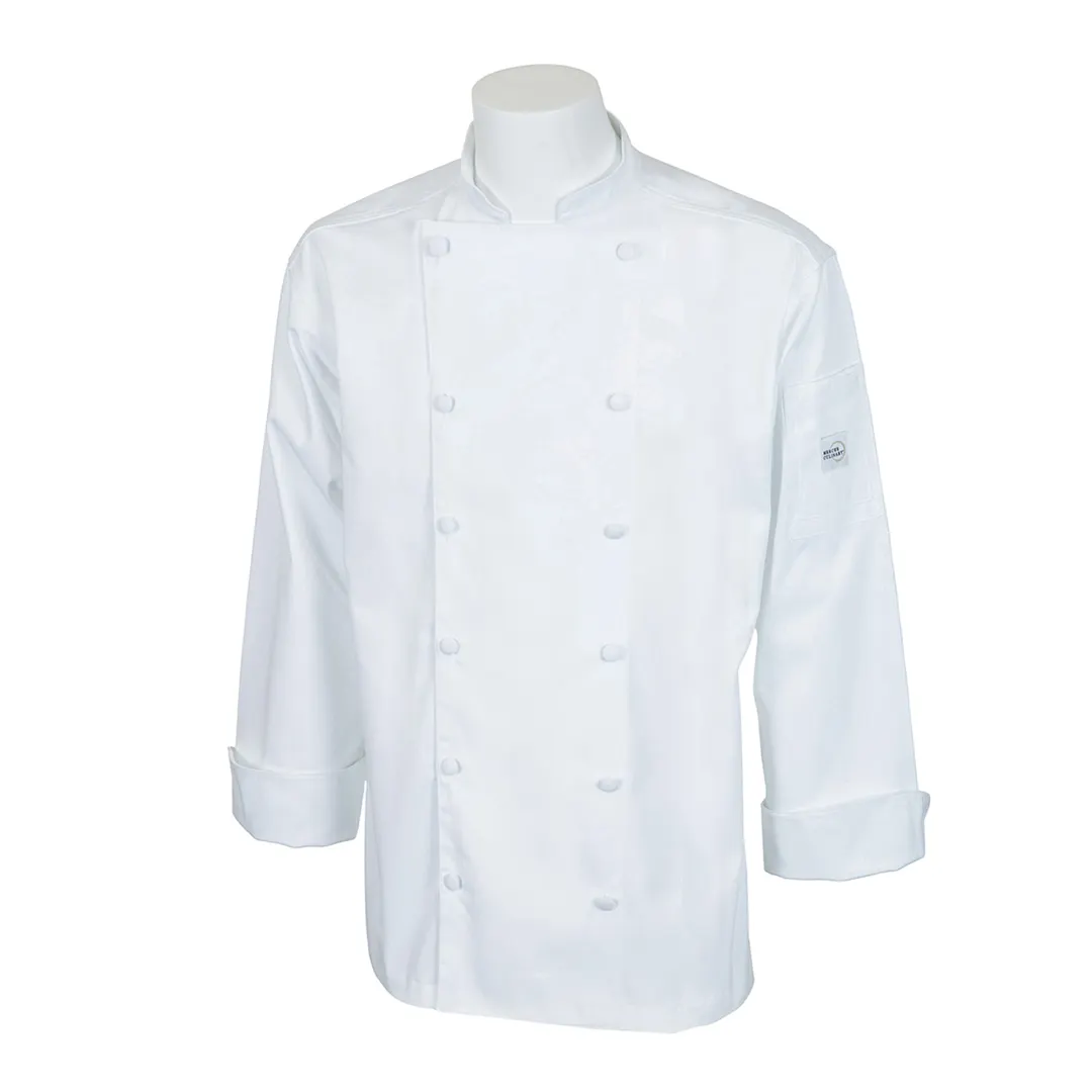 Mercer M62030WH8X Chef Coat - 8X White Unisex Long-Sleeve Jacket, Poly-Cotton Twill, Utility Pocket