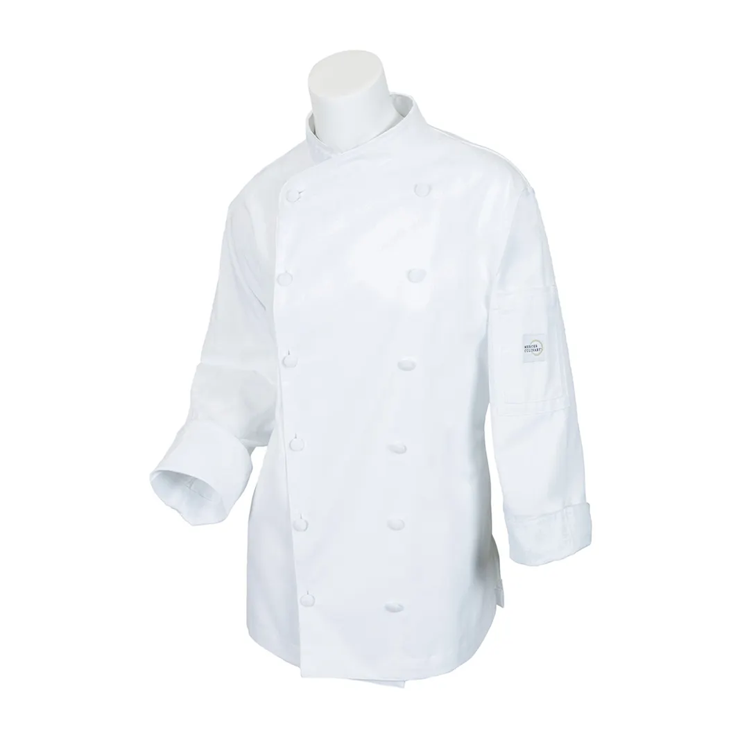 Mercer M62040WHM Women's Chef Coat, Medium White Poly Cotton, Long Sleeve, 12 Buttons