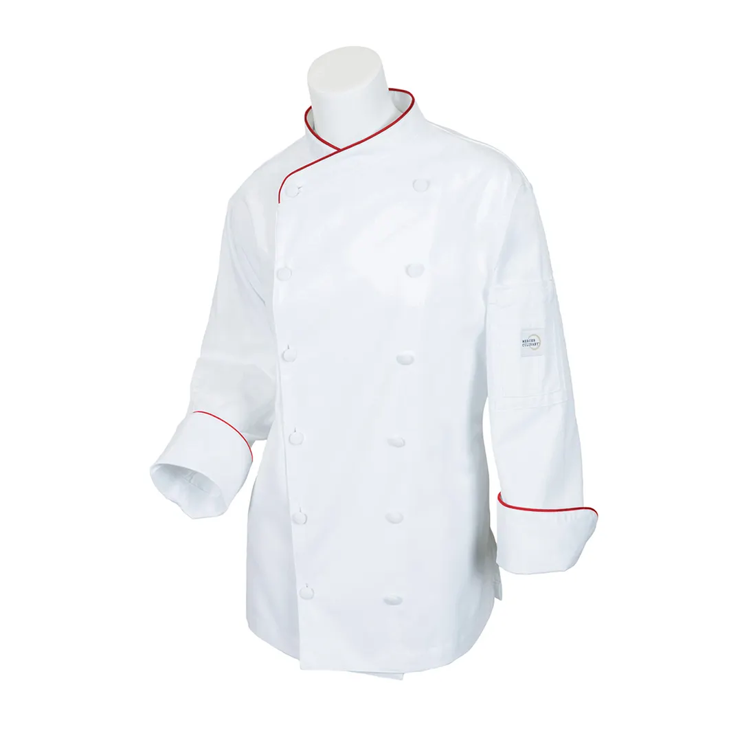 Mercer M62045WRM Women's Chef Jacket, Medium White Poly/Cotton, 12 Buttons, Red Piping, Pocket