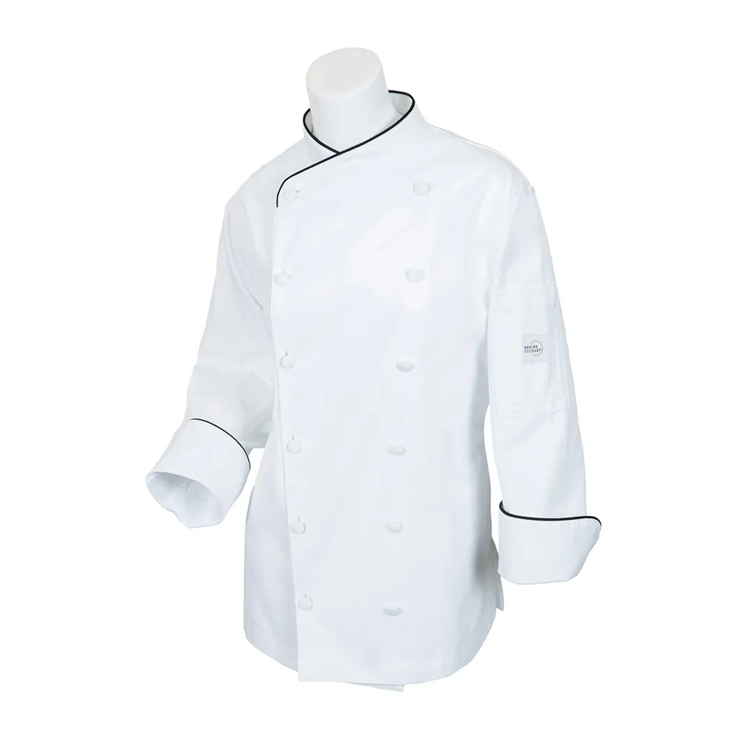 Mercer M62050WB3X Women's Chef Coat, 3X White with Black Piping, Long Sleeve, Poly‑Cotton Twill