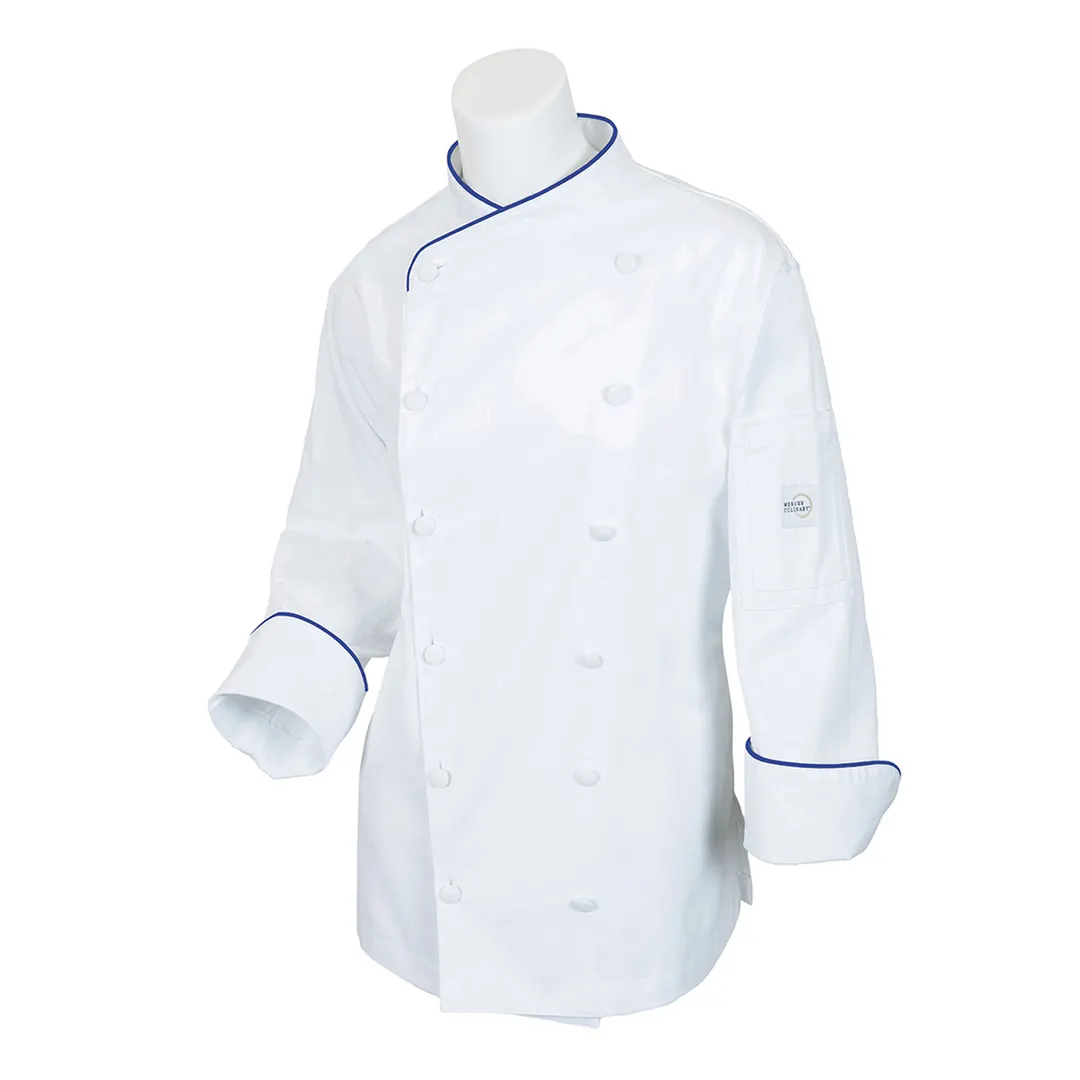 Mercer M62050WRB3X Chef Jacket 3X White Poly/Cotton, Scoop Neck, 12 Buttons, Pocket, Blue Piping