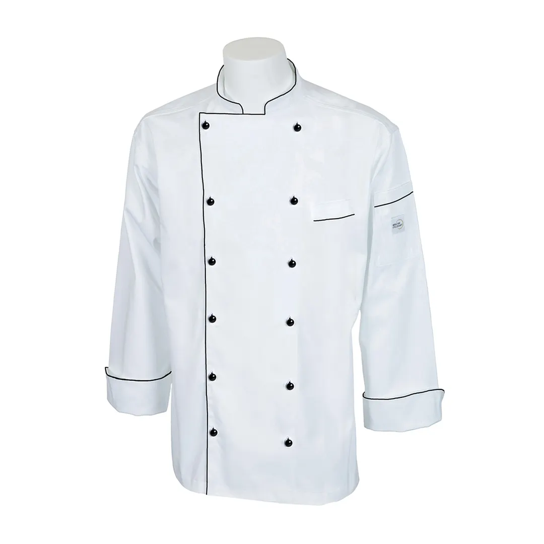 Mercer M62090WBXS Chef Jacket, XSmall White Long‑Sleeve Unisex, 65/35 Poly/Cotton Twill
