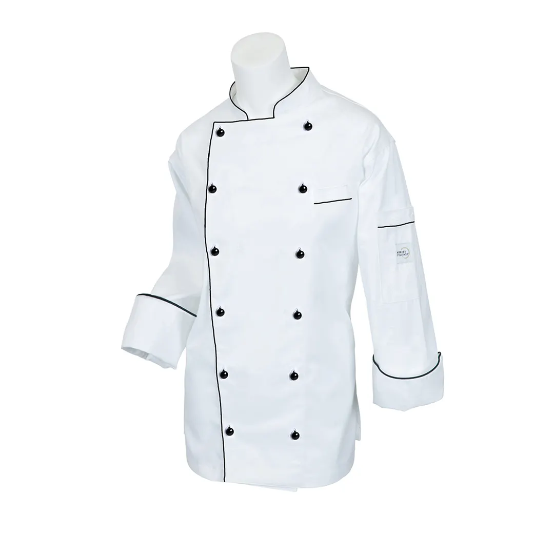 Mercer M62095WBM Women's Chef Coat, White 65/35 Poly/Cotton Twill, 12 Black Buttons, Side Slits