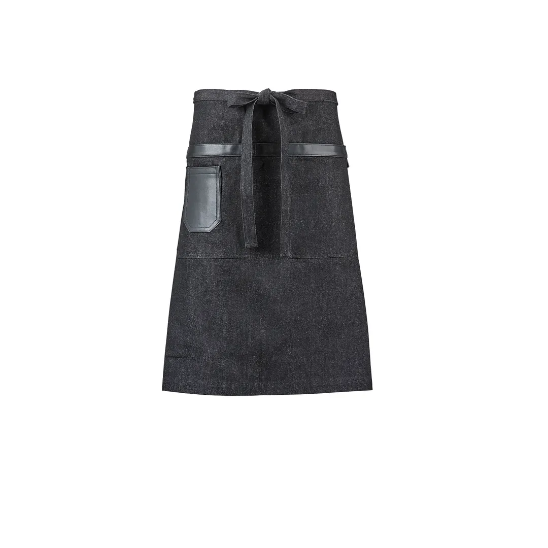 Mercer M63204BKD Waist Apron – 21" x 26" Black 100% Denim, 2 Pockets, Leather Pocket & Towel Holder