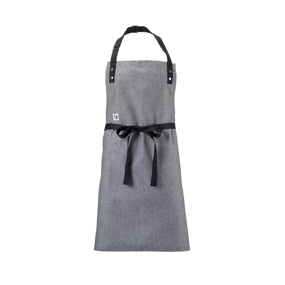 Mercer M63205GRY Bib Apron – 29¼" x 32" 100% cotton chambray, gray, 40" ties, adjustable neck strap, chest pocket