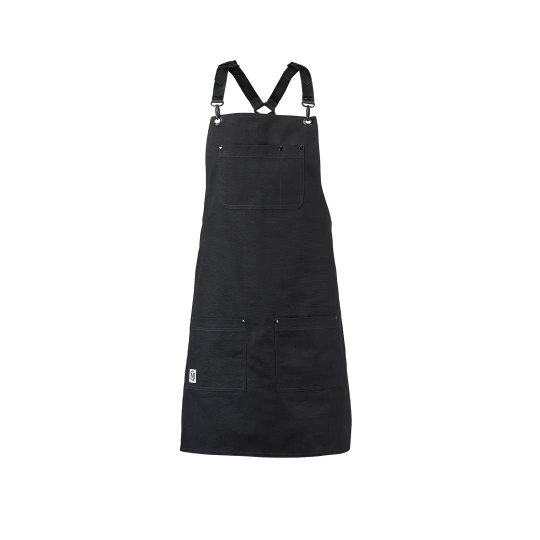 Mercer M63208BDBK Metro Edge® Bib Apron, 25" x 30½" Black Cotton Canvas, Leather Straps, Closures, 5 Pockets