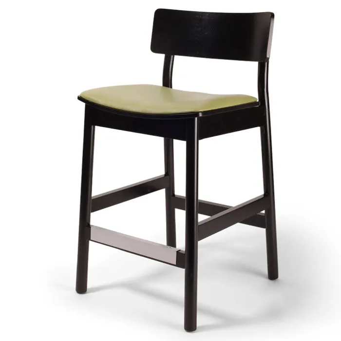 Original Wood Seating W44B GR9 Armless European Beech Wood Bar Stool with Upholstered Seat and Solid Wood Back