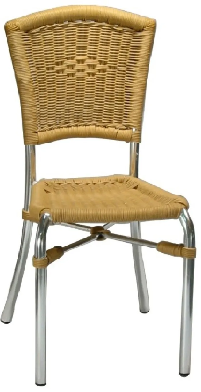Atlanta Booth & Chair A029 Patio Side Chair, Aluminum Frame, Honey Rattan, Metal Back, Wood Saddle Seat