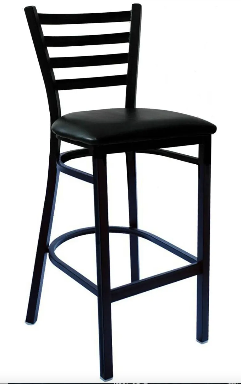 Atlanta Booth & Chair M101BS Ladder Back Barstool, Wood Seat, Black Metal Frame, Footrest, Specify Upholstery