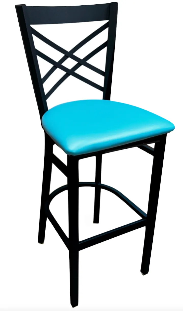 Atlanta Booth & Chair M102BS Bar Stool, Double X-Back, Wood Seat, Black Metal Frame, Footrest, Specify Upholstery