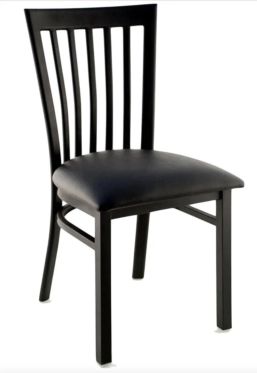 Atlanta Booth & Chair M104 Slat Back Straight Top Metal Chair, Black Textured Frame, Wood Seat, ABC Standard Vinyl