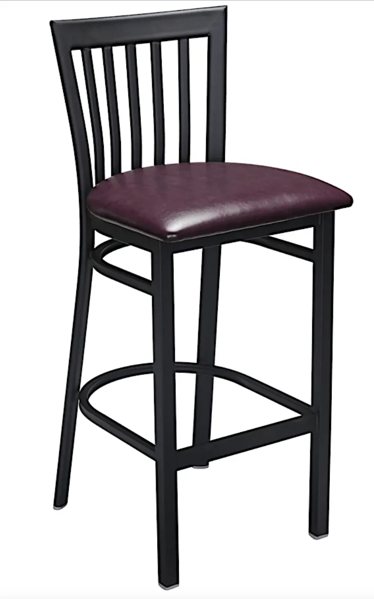 Atlanta Booth & Chair M104BS Slat Back Barstool, Wood Seat, Black Metal Frame, Footrest, Specify Upholstery